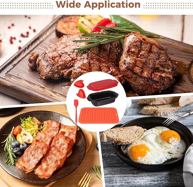 Microwave Cookware Set Red Silicone Grill Pan 9.3 X 4.7 X 3.1 in with Anti-Scalding Mat Spatula and Clips Microwave Safe