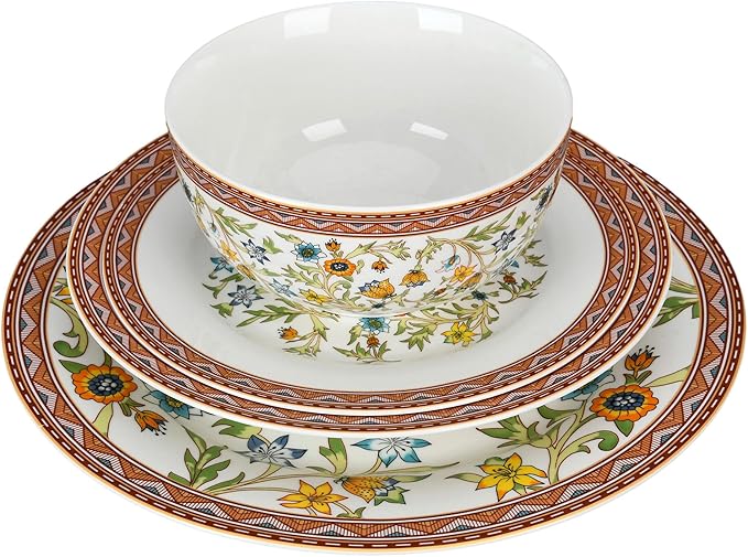 Fleurs des Prairies Bone China Dinnerware Set of 16 for 4 persons Handmade Reactive Glaze Dishes SetChip Resistant and Scratch Resistant Oven&ampDishwasher &amp Microwave SafeService for 4