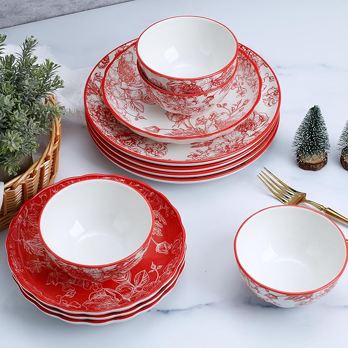 12-Piece Dinnerware Set with Red and White Plates Service for 4 Microwave and Dishwasher Safe
