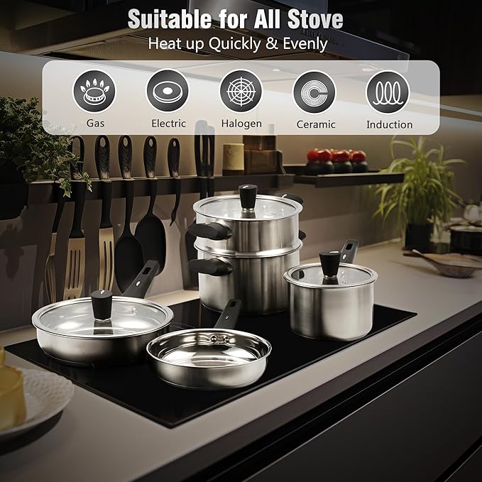 14Pcs Kitchen Pots and Pans Set Stainless Steel Cookware Set Non Toxic Induction Cooking Pot and Pan Set with Stay-Cool Handles Healthy PFAS PFOA PFOS Free Dishwasher Safe