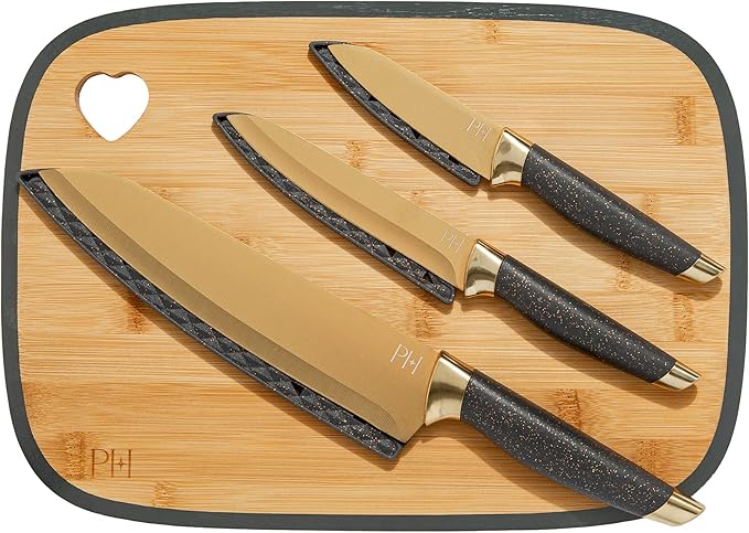 Paris Hilton Reversible Bamboo Cutting Board and Cutlery Set with Matching High Carbon Stainless Steel Knives Blade Guards Sleek Yet Comfortable Handle Grips 7-Piece Set Gold Charcoal Gray