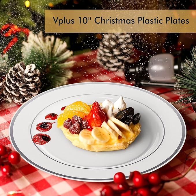 Vplus 100 Piece 10 Inch Silver Plastic Plates Disposable Heavy Duty White Elegant Durable Dinner Plastic Party Plates with Silver Rim Perfect for Party Christmas