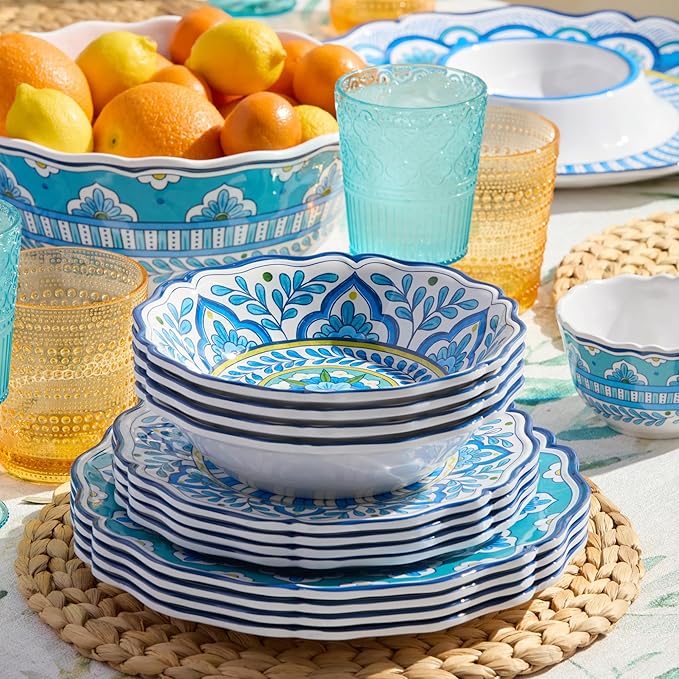 Porto 12 Pc. MELAMINE DINNERWARE SET SERVICE for 4 – artistically designed Talavera Tile Art Turquoise Blue Yellow Mandala