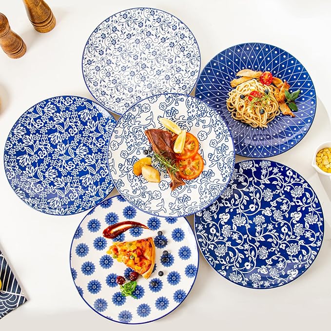 12 Pcs Ceramic Dinnerware - 12 OZ Dessert Bowls and 10.5 IN Dinner Plates Set - Service for 6 - Vintage Blue