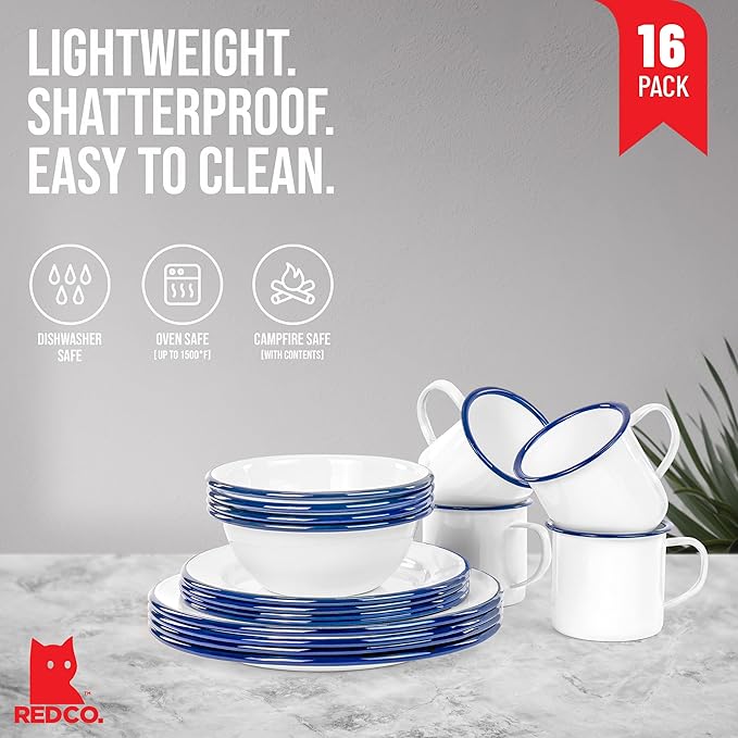 Red Co. 16-Piece Enamelware Metal Dinnerware Set for 4 Solid White/Navy Blue Rim