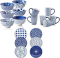 18 Pcs Ceramic Dinnerware - 16 Oz Coffee Mugs and 10.5 Inch Dinner Plates and 12 Oz Dessert Bowls Sets - Service for 6 - Vintage Blue