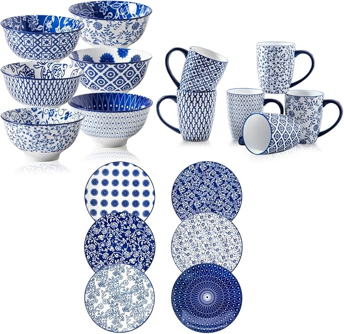 18 Pcs Ceramic Dinnerware - 16 Oz Coffee Mugs and 10.5 Inch Dinner Plates and 12 Oz Dessert Bowls Sets - Service for 6 - Vintage Blue