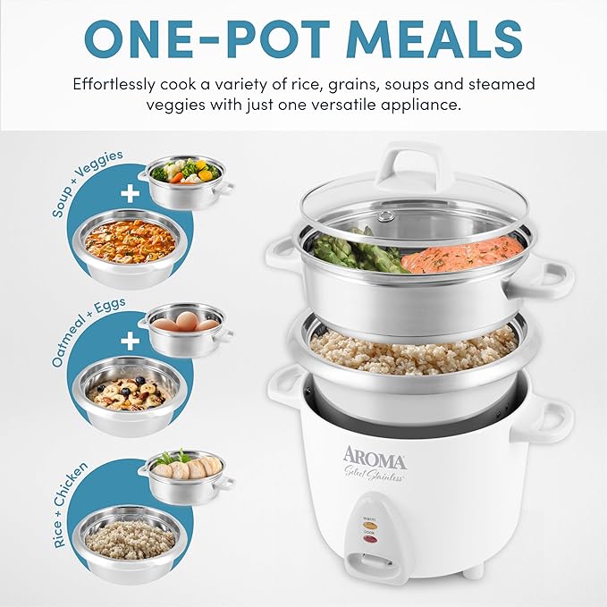 Aroma Housewares 14-Cup (Cooked) / 3Qt. Select Stainless Pot-Style Rice Cooker &amp Food Steamer One-Touch Operation Automatic Keep Warm Mode White (ARC-757-1SG)