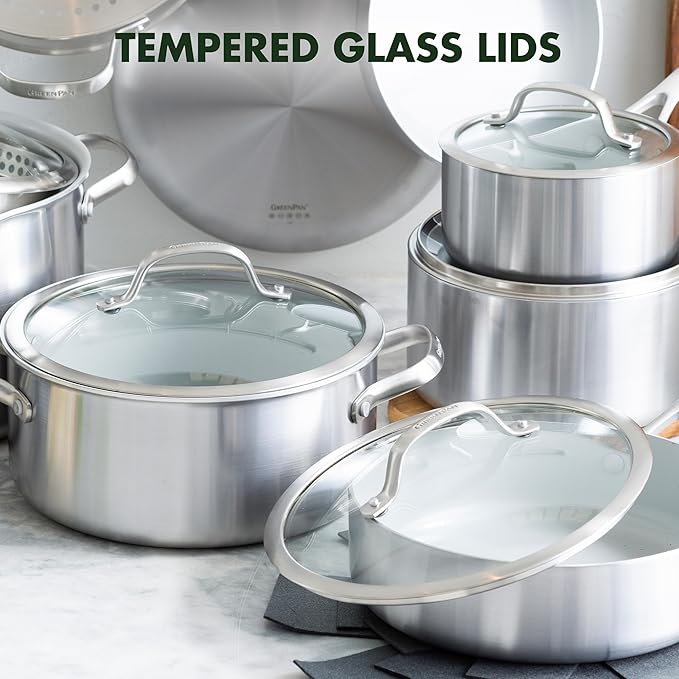 GreenPan Venice Pro Tri-Ply Stainless Steel Healthy Ceramic Nonstick 13 Piece Cookware Pots and Pans Set PFAS-Free Multi Clad Induction Dishwasher Safe Oven Safe Silver