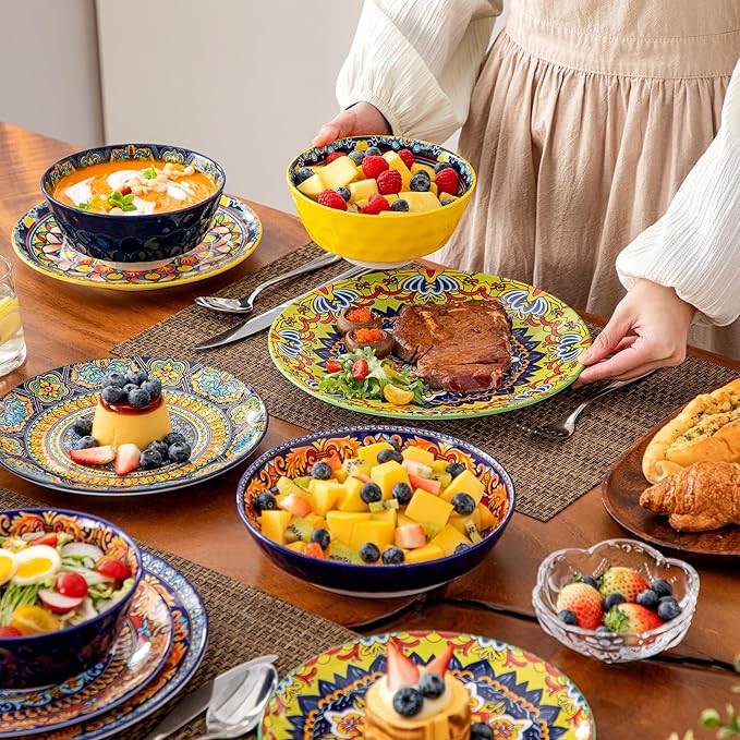 vancasso 16 Pieces Plates and Bowls Set Bohemian Style Dinnerware Sets Service for 4 Porcelain Boho Dishes Set for Kitchen Housewaring Gift Dishwasher and Microwave Safe Series KRVI