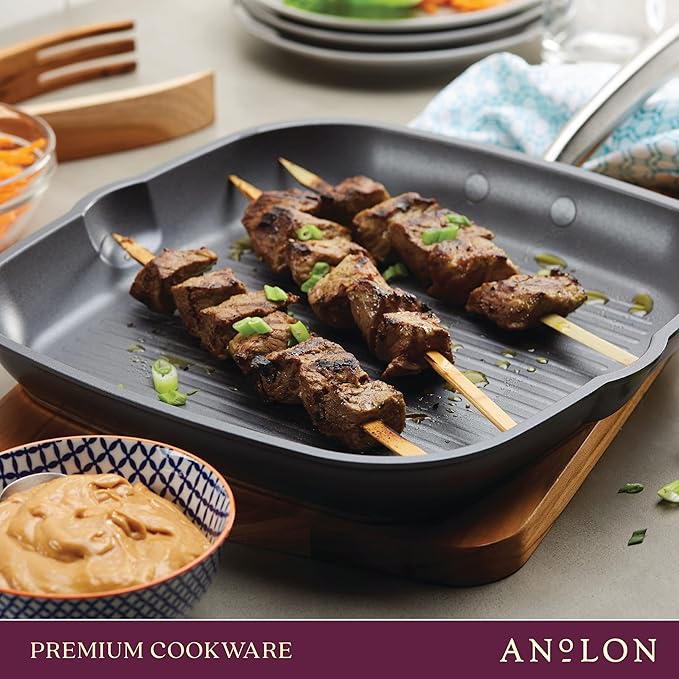Anolon Accolade Forged Hard Anodized Nonstick Square Grill Pan/Griddle with Spouts 11 Inch - Moonstone Gray