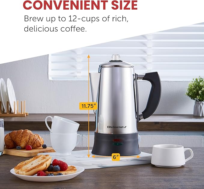 Elite Gourmet EC924 Electric Coffee Percolator BPA Free Keep Warm Clear Brew Progress Knob Cool-Touch Handle Cordless Serve 12-Cup Stainless Steel