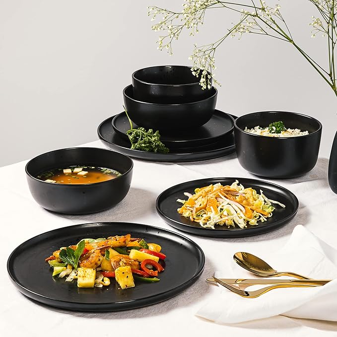 Gibson Elite James Street Stoneware Matte Reactive Double Bowl Dinnerware Set - Pepper Black Service for 4 (16pcs)