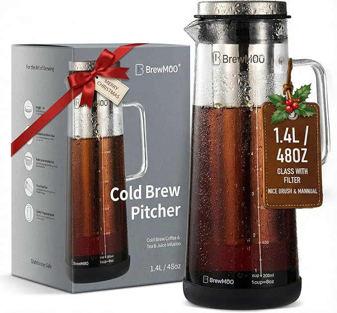 BrewMOO- Airtight Cold Brew Coffee Maker Pitcher 1.4L/48Oz Thick Glass Carafe with Filter Comfort Sturdy Handle &amp Wide Spout Non-Slip Base | Iced Tea Maker (Black)