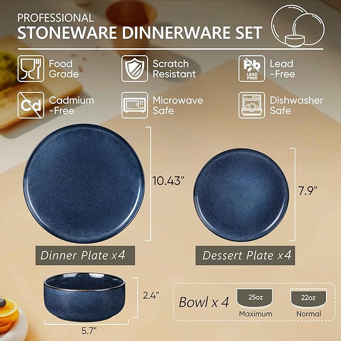 Herogo 12 Pieces Stoneware Dinnerware Set with 6-Piece 10.43 Dinner Plate Set Starry Blue
