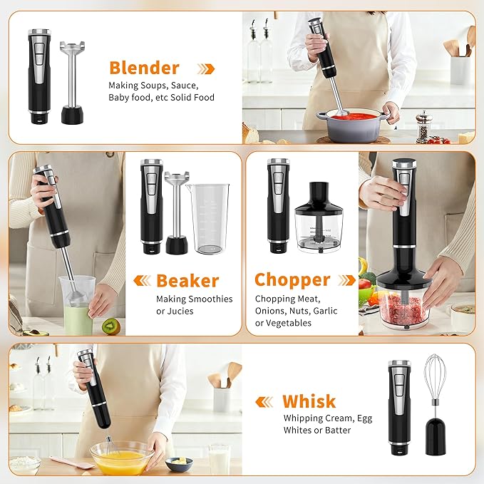 Cordless Immersion Blender Handheld 4-in-1 Cordless Hand Blender with 500ml Chopper 600ml Beaker &amp Egg Whisk 8 Speeds USB Rechargeable Handheld Blender Cordless – Smoothies Baby Food (Black)