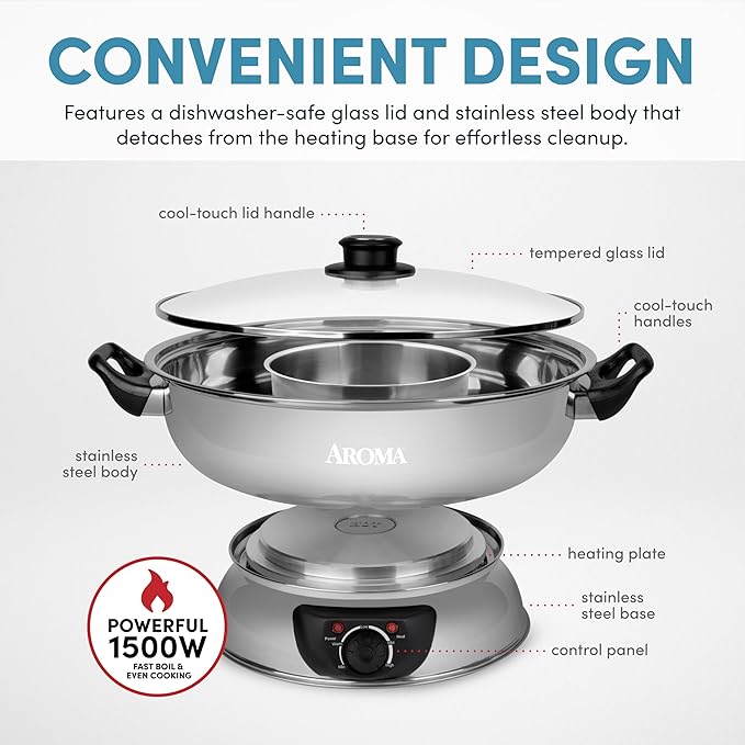 Aroma Stainless Steel Hot Pot Silver (ASP-600) 5 quart