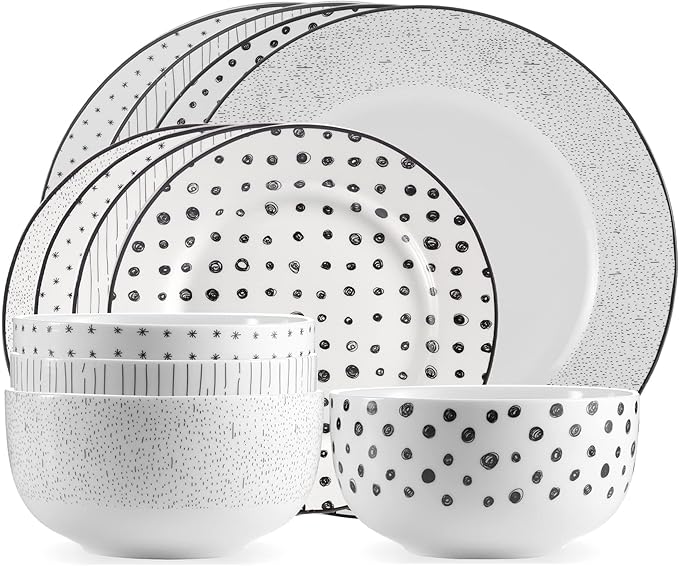 Pemberly Row 12-Piece Porcelain Dinnerware Set Black and White Sketch Includes Dinner Plates Salad Plates Bowls Chip Resistant Lightweight Dishwasher and Microwave Safe Stylish Dining Table