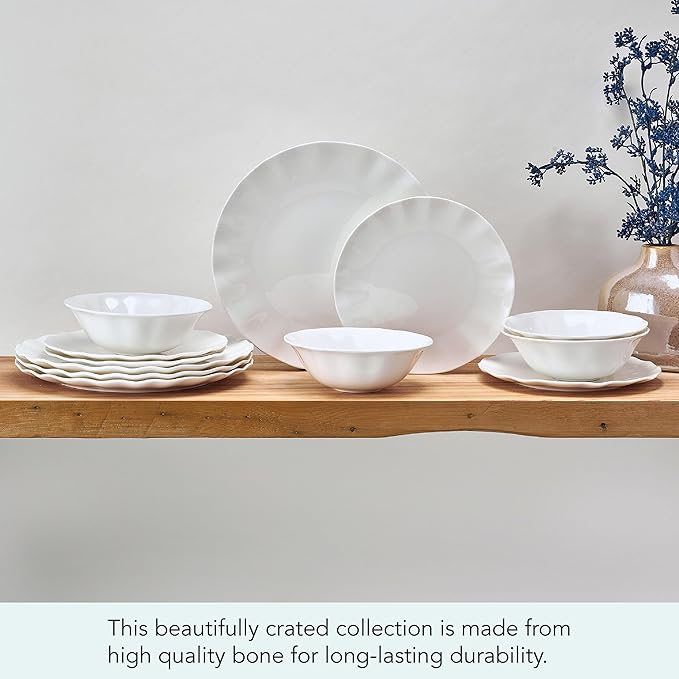 Mikasa Elodie Scalloped 12 Piece Bone China Durable Chip Resistant Lightweight Dinnerware Set Service for 4 White