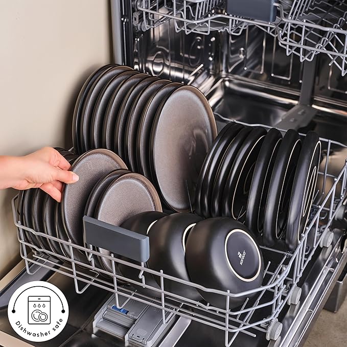 Karaca Mercure 59 Piece Stoneware Plates and Bowls Set Reactive Glaze Black Dinner Set Complete Kitchen Tableware Collection Ideal Dinnerware for 12 People Dining Experience Dishwasher Safe