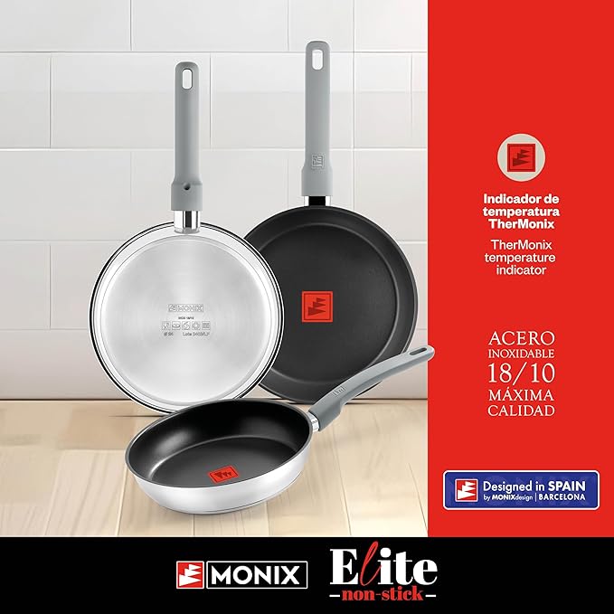 Monix Elite Non Stick Set of 3 Frying Pans 20-24-26 cm 18/10 Stainless Steel Three-Layer Non-Stick Coating PFOA-Free TherMonix Temperature Display Ergonomic Soft Touch Handle