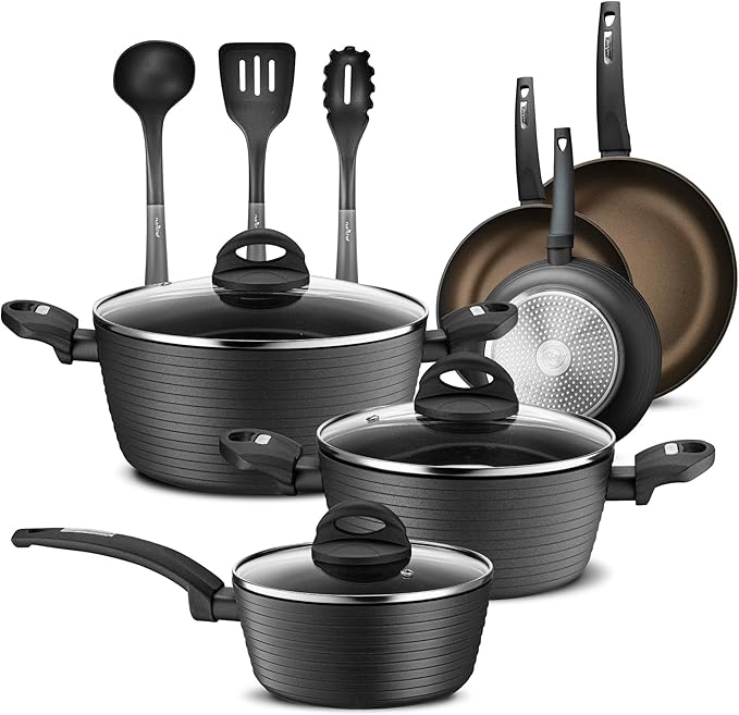 NutriChef 12-Piece Hard Anodized Nonstick Cookware Set - Induction Ready Pots &amp Pans with Elegant Ridge-Line Pattern Heat-Resistant Lacquer Gray