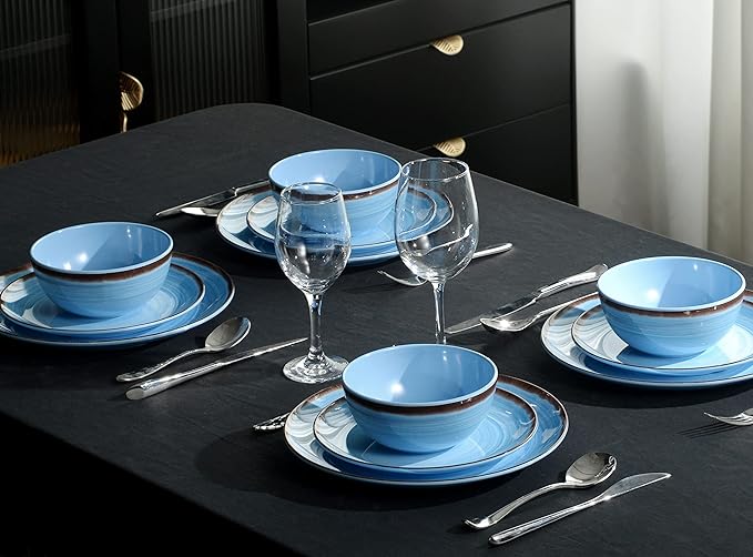 Melamine Dinnerware Set Plates And Bowls Sets for 4 12PCS Blue Color Dinnerware Sets Unbreakable Dinnerware Dishwasher Safe BPA Free(Blue)