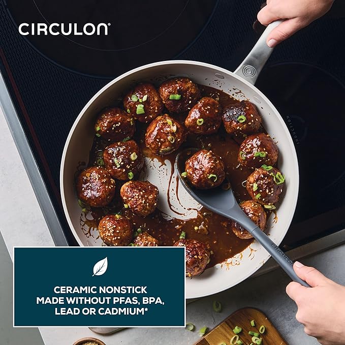 Circulon Halo with LaserDefense Ceramic Nonstick Frying Pan with Helper Handle and Lid Made without PFAS Compatible with All Stovetops Dishwasher and Oven Safe 12 Inch Skillet - Pearl White