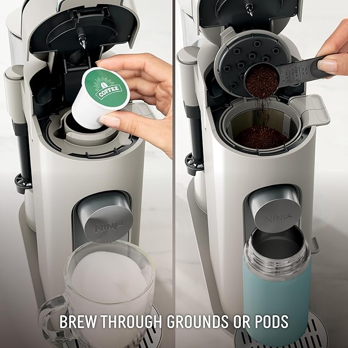 Ninja Pod &amp Grounds Specialty Single-Serve Coffee Maker K-Cup Pod Compatible Brews Grounds Compact Design Built-In Milk Frother 56-oz. Reservoir 6-oz. Cup to 24-oz. Mug Sizes Stone PB051ST