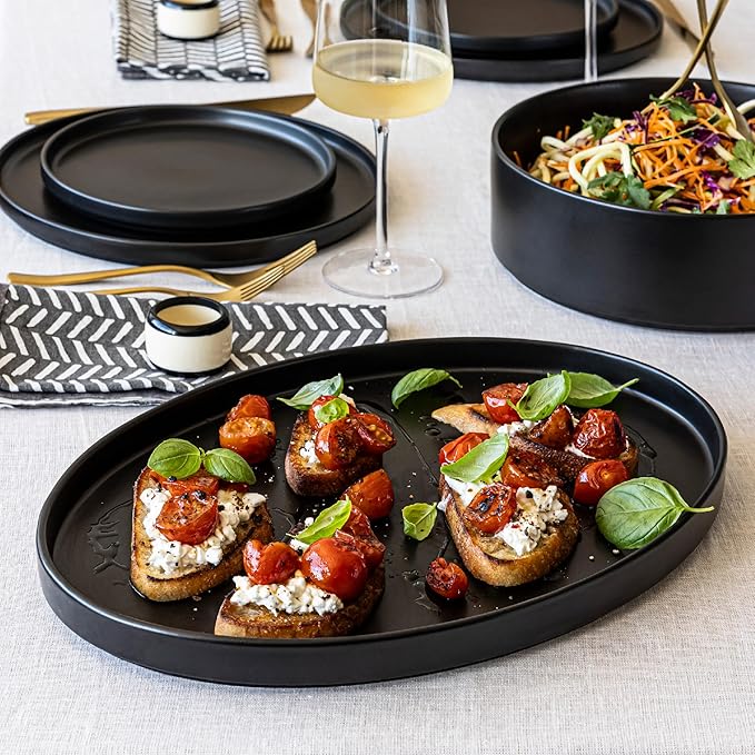 over&ampback Stackable Stoneware Serving Platter - Elegant 1-Piece Oval Serving Platter to Complete Your Kitchen Set - Perfect for Appetizers Desserts and More - 16 L x 11 W - Semi-Matte Black