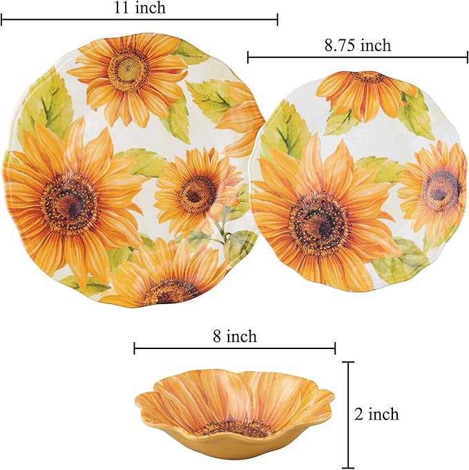 UPware 12 Piece Sunflower Melamine Dinnerware Sets Outdoor Dishes Set Plates and Bowls Sets Service for 4 Yellow