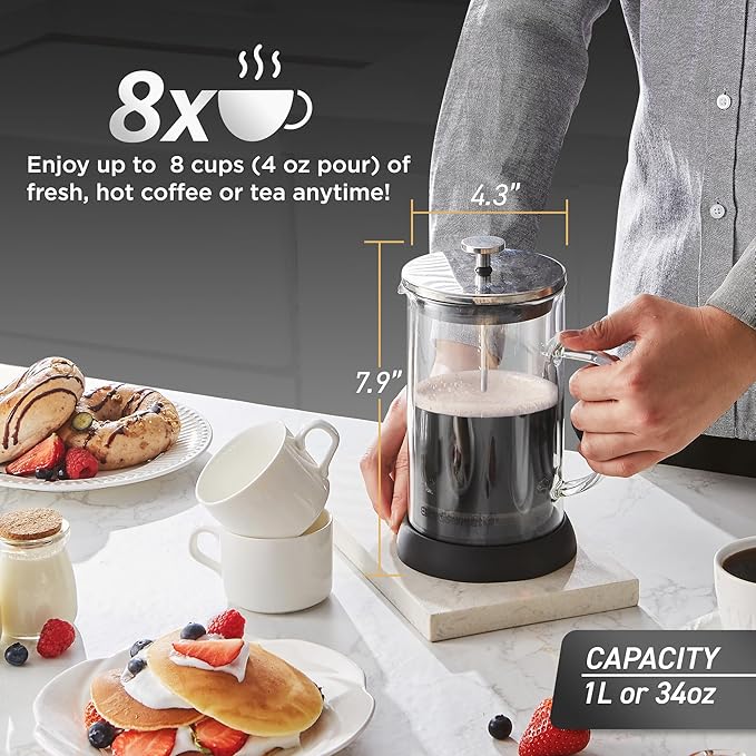 Elite Gourmet FP1223X French Press 34-Ounce Double Wall Insulated Heavy Duty Thick High-Heat Borosilicate Glass BPA-Free Cold Brew Coffee Maker 1-Liter