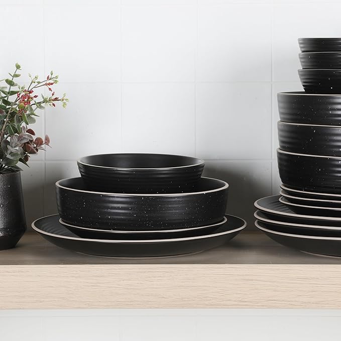 Gibson Home Dinah 16-Piece Matte Black Stoneware Dinnerware Set – Double Bowl Embossed Speckled Design Durable Kitchen Dinner Set