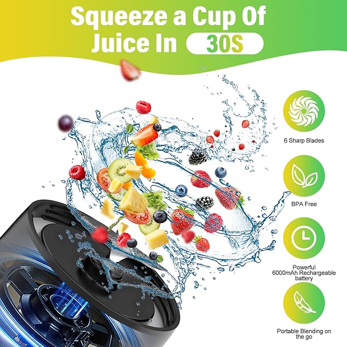 Portable Blender 360W Personal Blender for Shakes and Smoothies for Kitchen 24 Oz BPA Free Traveling Juicer Cup and Lid with 6 Blades Self Cleaning Portable Juicer for Kitchen/Travel/Gym Black