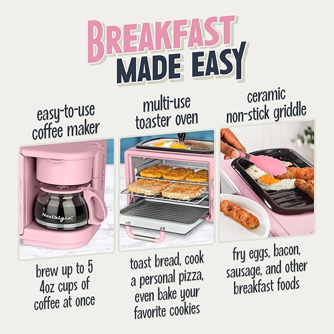 Nostalgia 3-in-1 Retro Breakfast Station - Includes 5 Cup Coffee Maker Non-Stick Ceramic Griddle and 4-Slice Toaster Oven - Built-In Timer Reusable Coffee Filter Space-Saving Design - Pink