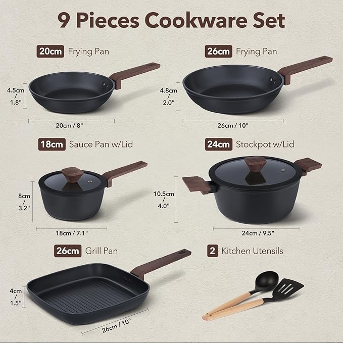 9Pcs Pots and Pans Set NonstickInduction Cookware Set Kitchen Cooking SetsHealthy Non-Toxic Pots and Pan setNon Stick with Grill Pan&amp Stay-Cool Handles (PFOS PFOA Free)Black