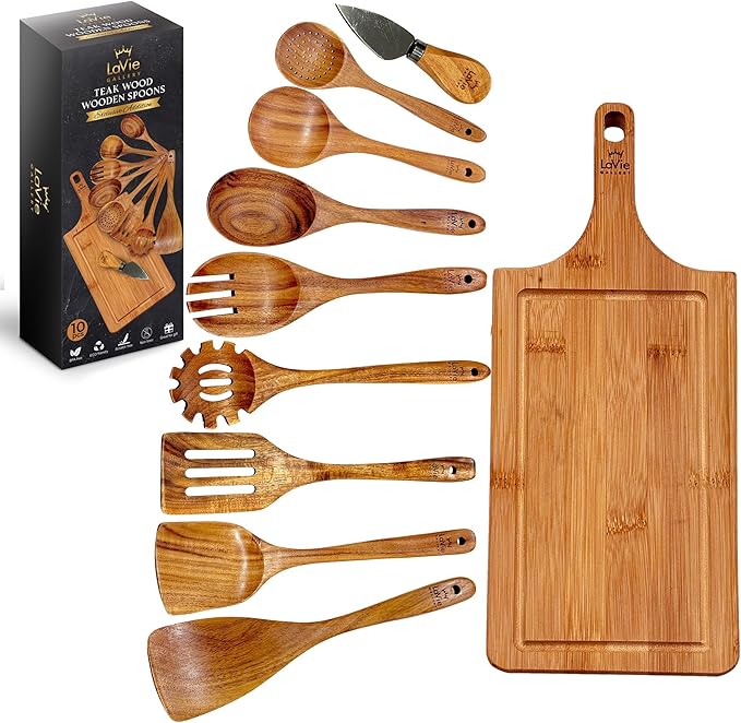 Teak Wooden Cooking Spoons Set -10-Piece Nonstick Cookware - Handmade Wooden Teak-Bamboo Charcuterie Board With Knife - Wooden Kitchen Utensils Ideal Gift Set For WeedingBirthday