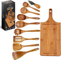 Teak Wooden Cooking Spoons Set -10-Piece Nonstick Cookware - Handmade Wooden Teak-Bamboo Charcuterie Board With Knife - Wooden Kitchen Utensils Ideal Gift Set For WeedingBirthday