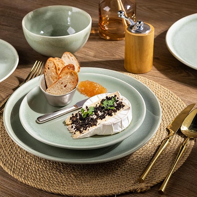 AmorArc Ceramic Dinnerware Sets for 6 18 Pieces Handpainted Plates and Bowls Set Scratch Resistant Stoneware Dishes Set Dishwasher &amp Microwave Safe Olive Green