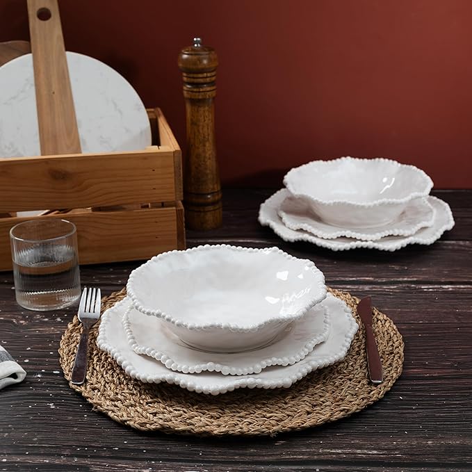 Cream 12pcs Beaded 100% Melamine Dinnerware Set Elegant Scalloped Edge Durable &amp Shatterproof Outdoor Dining SetUnbreakable Plates &amp Bowls Set for Indoor/Outdoor Use Dishwasher Safe