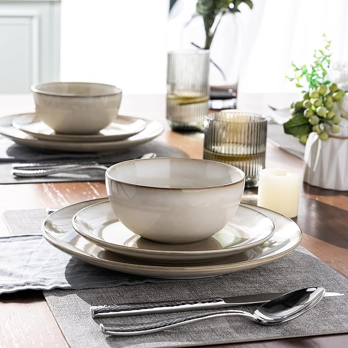 AmorArc Stoneware Dinnerware Sets for 6 18 Pieces Handpainted Ceramic Plates and Bowls Set Scratch Resistant Dishes Set Dishwasher &amp Microwave Safe Cappuccino