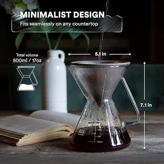 ovalware Pour Over Coffee Dripper Maker Paperless Stainless Steel Filter Precision Measuring Cup and Carafe with Double Wall Single Lip Insulated Glass Minimalistic Double Wall Drinkimg Mug
