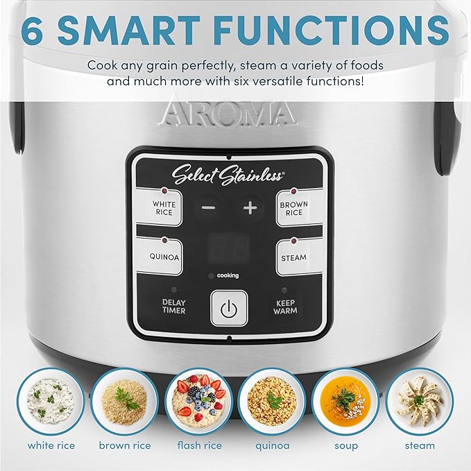 AROMA® Select Stainless® Rice Cooker 4-Cup (Uncooked) / 8-Cup (Cooked) Stainless Steel Inner Pot Multicooker Steamer 2 Qt Stainless Steel ARC-914SBDS