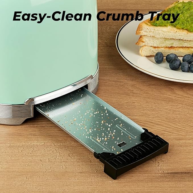 Toaster 2 Slice Retro Stainless Steel with 1.5” Extra Wide Slots Bagel Defrost Reheat Cancel Functions 6 Bread Shade Settings Removable Crumb Tray Aqua Green