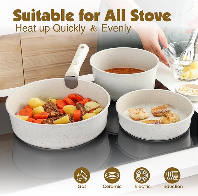 SENSARTE 9 Piece Pots and Pans Set Nonstick Detachable Handle Cookware Induction Kitchen Cookware Set with Removable Handle Healthy Non Stick for RV Dishwasher ＆ Oven Safe (White)