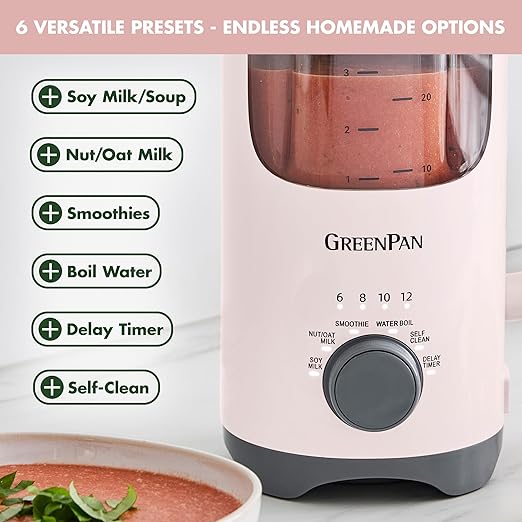 GreenPan Nut Milk Maker 15-in-1 Homemade Soy Almond Oat Coconut Non-Dairy Rice Soup Baby Food BPA-Free Smooth Creamy Texture Self Clean Barista Quality Milk Delay Start Boil Water Pink