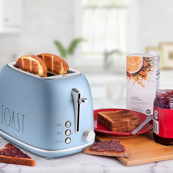 Rae Dunn Retro Rounded Bread Toaster 2 Slice Stainless Steel Toaster with Removable Crumb Tray Wide Slot with 6 Browning Levels Bagel Defrost and Cancel Options (Baby Blue)