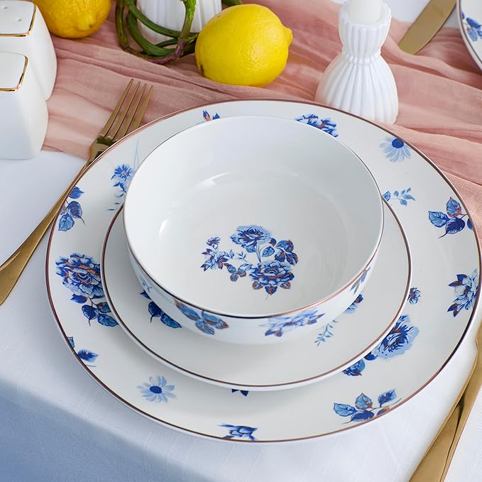 Stone Lain Viola 24-Piece Dinnerware Set Porcelain Plates and Bowls Set Dish Set for 8 Microwave and dishwasher Safe Blue