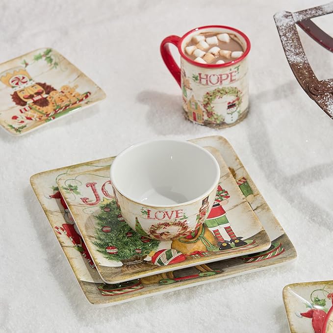 Nutcracker Parade Christmas 16 pc Dinnerware Set Service for 4 – Vintage Holiday Plates Mugs &amp Bowls – Santa Nutcracker Reindeer Art – Festive Tableware Service for 4