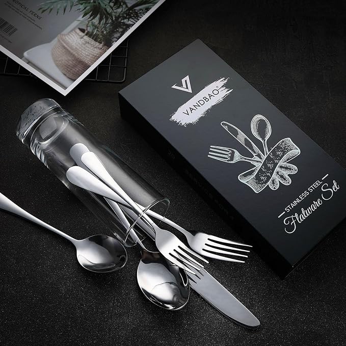 VANDBAO Silver Flatware Cutlery Silverware Set 20 Pieces Stainless Steel Colorful Utensils Tableware Set Service for 4 Include Knife/Fork/Spoon Reusable Mirror Polished Dishwasher Safe